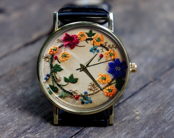 Unisex, Men’s and Women’s Wrist Watch, Embroidery Effect Floral Watch, Natural Plant Watch, Personalized Christmas, Birthday, New Job Watch