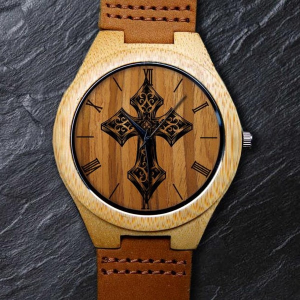 Montre Celtic Cross, Montre de Pâques, Montre Chrétienne, Montre Cross, Unisexe, Montre Homme et Femme, Montre en Bois, Cadeau Personnalisé Gravé