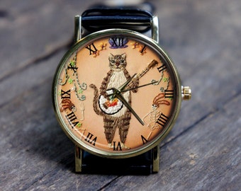 Unisex, Men’s and Women’s Wrist Watch, Embroidery Effect Print, Funny Animal Pet Cat & Guitar Watch, Personalized Christmas, Birthday Watch