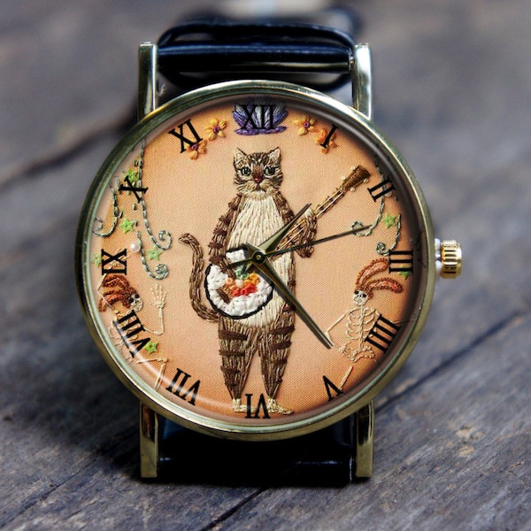 Uniseks, heren- en damespolshorloge, print met borduureffect, grappige dierenkat & gitaarhorloge, gepersonaliseerde kerst, verjaardagshorloge