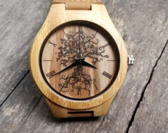 Tree of Life Watch, Tree Watch, Plant Watch, Unisex, Men's and Women's Wrist Watch, Wooden Watch, Engraved Personalized Gift for Christmas