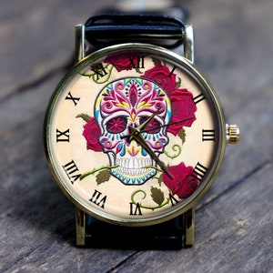 Spooky Scary Watch, Flower and Skull Watch, Unisex, Men’s and Women’s Wrist Watch, Personalized Gift for Christmas, Birthday, Anniversary