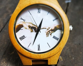The Creation of Adam, Christian Watch, Classic Painting Watch, Unisex Men's and Women's Wrist Watch Wooden Watch, Engraved Personalized Gift