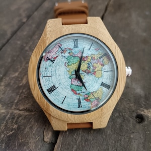 Vintage wereldkaarthorloge, wereldkaarthorloge, kaarthorloge, uniseks, heren- en damespolshorloge, houten horloge, gegraveerd gepersonaliseerd verjaardagscadeau