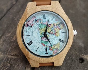 Vintage World Map Watch, World Map Watch, Map Watch, Unisex, Men's and Women's Wrist Watch, Wood Watch, Engraved Personalized Birthday Gift