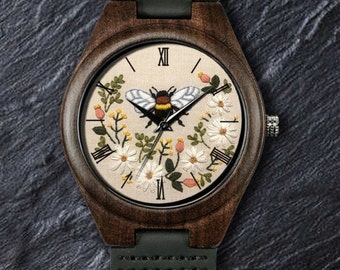 Bee Watch, Daisy Watch, Japanese Embroidery Print Floral Watch, Unisex Wrist Watch, Wooden Watch, Personalized Engraved Gift for Teachers