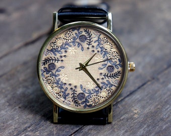 Unisex, Men’s and Women’s Wrist Watch, Embroidery Effect Flower and Letters Watch, Vintage Retro Floral Watch, Personalized Christmas Gift
