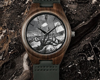 Pirate Octopus Watch,  Unique Wooden Unisex Wrist Watch, ideal for Him or Her for Birthday, Anniversary, Thanks Giving, Halloween, Christmas