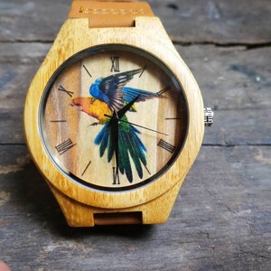 Parrot Watch, Bird Watch, Animal Watch, Unisex, Men&#39;s and Women&#39;s Watch, Wooden Watch, Personalized Christmas, Anniversary and Birthday Gift