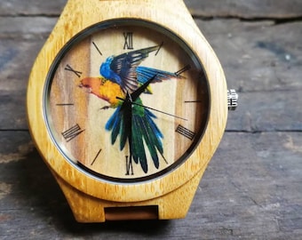 Parrot Watch, Bird Watch, Animal Watch, Unisex, Men's and Women's Watch, Wooden Watch, Personalized Christmas, Anniversary and Birthday Gift