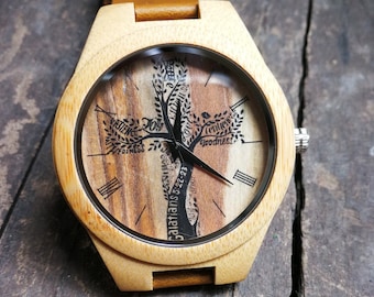 Tree of Life Horloge, Christian Watch, Cross Watch, Unisex, mannen en vrouwen polshorloge, houten horloge, gegraveerd gepersonaliseerd verjaardagscadeau