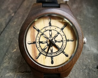 Pirate Compass Watch, Pirate Watch, Anchor Watch, Ship Watch, Unisex, Men's & Women's Wrist Watch, Wooden Watch, Engraved Personalized Watch