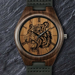 Tiger King Watch, Scary Wild Beast, Unisex, Men&#39;s & Women&#39;s Wrist Watch, Wooden Watch, Engraved Personalized Watch for Birthday / Christmas