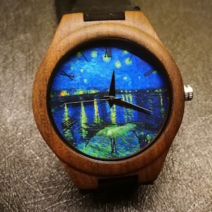 Starry Night Over the Rhône, Vincent van Gogh, Classic Painting Watch, Unisex, Men&#39;s & Women&#39;s Watch, Wood Watch, Engraved Personalized Gift