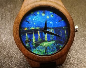 Starry Night Over the Rhône, Vincent van Gogh, Classic Painting Watch, Unisex, Men's & Women's Watch, Wood Watch, Engraved Personalized Gift