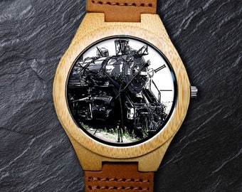 Steam Train Watch, Classic Train Watch, Train Lover Watch, Unisex, Men's and Women's Wrist Watch, Wooden Watch, Engraved Personalized Watch