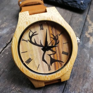 Stag Head, Stag Watch, Deer Watch, Unisex, Men&#39;s and Women&#39;s Wrist Watch, Wood Watch, Engraved Personalized Gift for Birthday & Anniversary