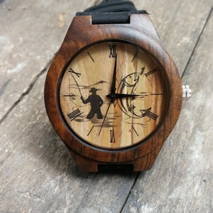 Fish Watch, Fishing Watch, Fish Lover Watch, Unisex, Men's and Women's Wrist Watch, Wooden Watch, Engraved Personalized Gift for Birthday