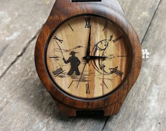 Fish Watch, Fishing Watch, Fish Lover Watch, Unisex, Men's and Women's Wrist Watch, Wooden Watch, Engraved Personalized Gift for Birthday