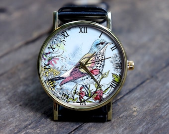 Unisex Wrist Watch, Men’s and Women’s Watch, Floral and Bird Watch, Metal Leather Watch, Personalized Christmas, Birthday, New Job Watch