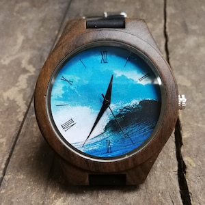 Dream Holiday, Blue Watch, Surfing Wave Watch, Ocean Watch, Unisex Watch, Wooden Watch, Engraved Personalized Gift for Birthday or Christmas