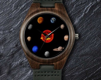 The Solar System, Eight Planets Watch, Unisex Men's and Women's Wrist Watch, Wooden Watch, Engraved Personalized Christmas, Birthday Gift