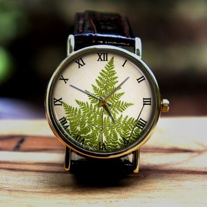 Unisex Wrist Watch, Men’s and Women’s Watch, Floral Green Leaves Watch, Metal Leather Watch, Personalized Christmas, Birthday, New Job Watch