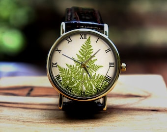 Unisex Wrist Watch, Men’s and Women’s Watch, Floral Green Leaves Watch, Metal Leather Watch, Personalized Christmas, Birthday, New Job Watch