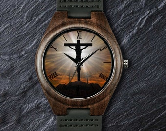 Kruisiging Watch, Christian Watch, Cross Watch, Easter Watch, Unisex, Heren & Dames Polshorloge, Houten Horloge, Gegraveerd gepersonaliseerd cadeau