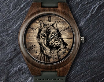 Ice Wolf Watch, Wild Animal Watch, Unisex, Men's/ Women's Wrist Watch, Wood Watch, Engraved Personalized Birthday Anniversary Christmas Gift