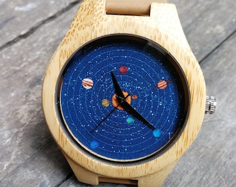 The Solar System, Eight Planets Watch, Unisex Men's and Women's Wrist Watch, Wooden Watch, Engraved Personalized Christmas, Birthday Gift