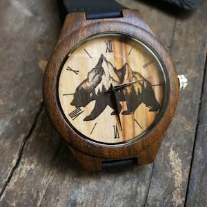Bear Watch, Bear Mountain Watch, Hills of Bear Watch, Instagram Style, Unisex Wrist Watch, Wooden Watch, Engraved Personalized Special Gift