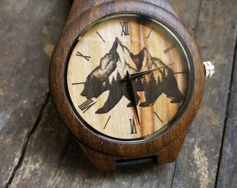 Bear Watch, Bear Mountain Watch, Hills of Bear Watch, Instagram Style, Unisex Wrist Watch, Wooden Watch, Engraved Personalized Special Gift