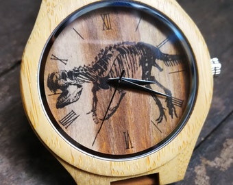 Tyrannosaur Watch, Dinosaur Skeleton Watch, Wild Animal, Unisex Men's Women's Wrist Watch Wooden Watch, Engraved Personalized Christmas Gift