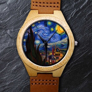 Classic Van Gogh&#39;s paint, Starry Night Watch, Unisex, Men&#39;s and Women&#39;s Watch, Wood, Wooden Watch, Personalized Christmas and Birthday Gift