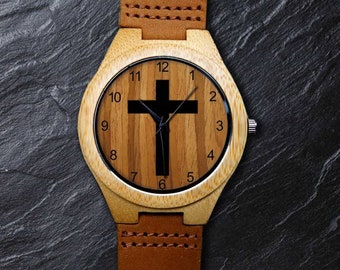 Christian Watch, Heilig Kruis, Kruishorloge, Unisex, Polshorloge voor mannen en vrouwen, houten horloge, gegraveerd gepersonaliseerd cadeau voor Kerstmis