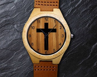 Reloj Cristiano, Santa Cruz, Reloj Cruz, Unisex, Reloj de Pulsera para Hombres y Mujeres, Reloj de Madera, Regalo Personalizado Grabado para Navidad