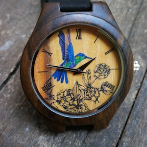 Hummingbird Watch, Peony Flower Watch, Bird Watch, Unisex, Men&#39;s and Women&#39;s Watch, Wood Wooden Watch Personalized Birthday & Christmas Gift
