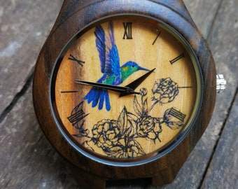 Hummingbird Watch, Peony Flower Watch, Bird Watch, Unisex, Men's and Women's Watch, Wood Wooden Watch Personalized Birthday & Christmas Gift