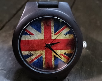 British Union Flag Watch, British Flag Watch, Wooden Watch, Unisex, Men's & Women's Wrist Watch, Engraved Personalized Gift Special Birthday
