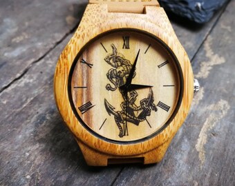Pirate Anchor Watch, Pirate Watch, Anchor Watch, Wooden Watch, Unisex, Orologio da polso da uomo e da donna, Regalo di San Valentino personalizzato inciso
