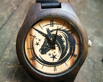 Unicorn Watch, Fairy Tale Watch, Magic Watch, Wood Watch, Unisex, Men's / Women's Wrist Watch, Engraved Personalized Birthday Valentine Gift