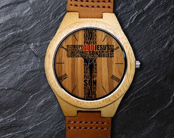 Christian Watch, Cross Watch, Christ Watch, Unisex, heren- en damespolshorloge, houten horloge, gegraveerd gepersonaliseerde kerstverjaardagscadeau