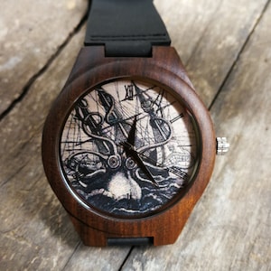 Sea Monster Watch, Octopus Boats Watch, Pirate Watch, Unisex, Men's & Women's Wrist Watch, Wood Watch, Personalized Birthday, Christmas Gift