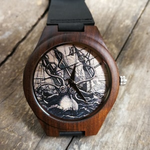 Sea Monster Watch, Octopus Boats Watch, Pirate Watch, Unisex, Men's & Women's Wrist Watch, Wood Watch, Personalized Birthday, Christmas Gift