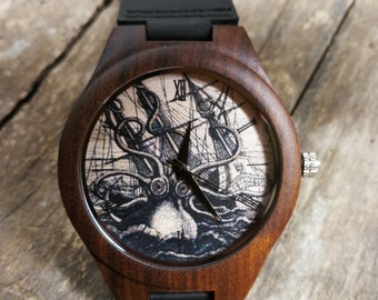 Sea Monster Watch, Octopus Boats Watch, Pirate Watch, Unisex, Men's & Women's Wrist Watch, Wood Watch, Personalized Birthday, Christmas Gift