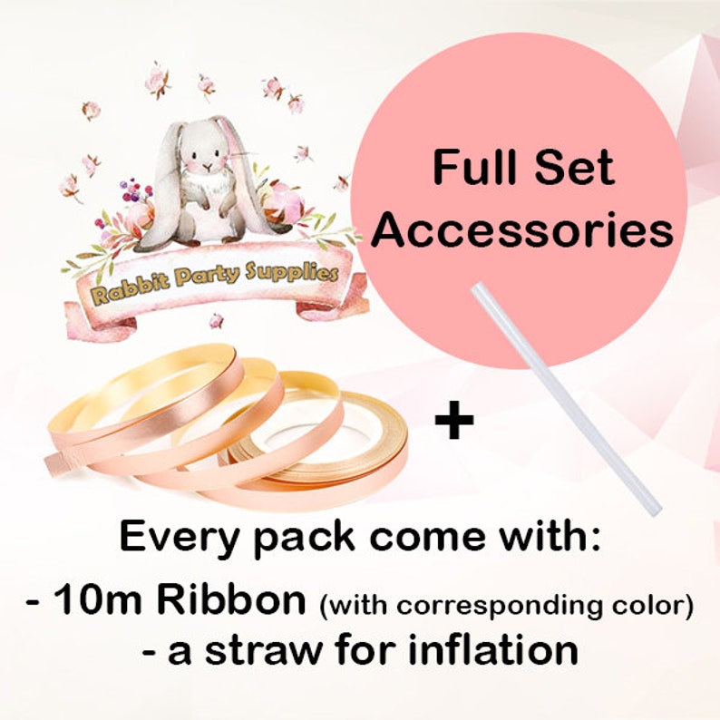 Op de afbeelding: Een afbeelding die feestartikelen promoot. De afbeelding toont een cartoonkonijn, lint en een rietje. Tekst bevat "Full Set Accessories" en "Rabbit Party Supplies". Het lint is 10 meter lang en wordt geleverd met een rietje om op te blazen.