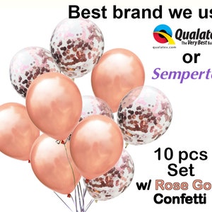 Op de afbeelding: Een set van tien ros&eacute;gouden ballonnen, sommige gevuld met ros&eacute;gouden confetti. De afbeelding bevat de tekst "Best brand we use" en de merken Qualatex en Sempertex. De set is gelabeld met "10 pcs Set w/ Rose Gold Confetti."