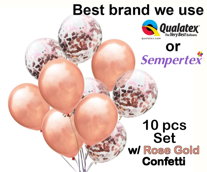 Op de afbeelding: Een set van tien ros&eacute;gouden ballonnen, sommige gevuld met ros&eacute;gouden confetti. De afbeelding bevat de tekst "Best brand we use" en de merken Qualatex en Sempertex. De set is gelabeld met "10 pcs Set w/ Rose Gold Confetti."