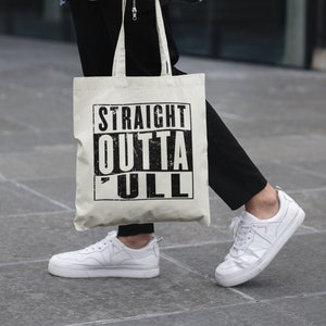 Funny Hull Tote, Straight Outta 'ull Hull White Funny Compton NWA Style Organic Cotton/Denim Tote Bag image 1